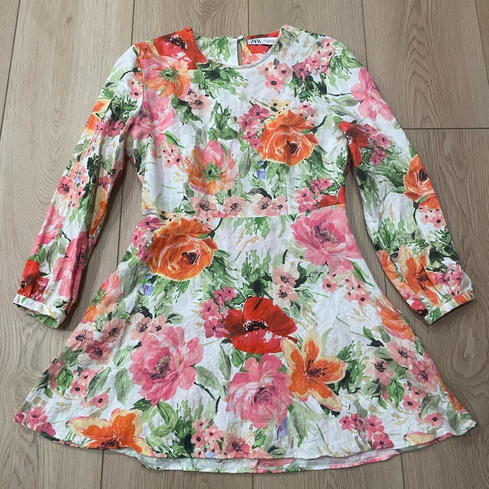 Zara Women's Floral Long Sleeve Mini Dress Medium Coquette linen/cotton